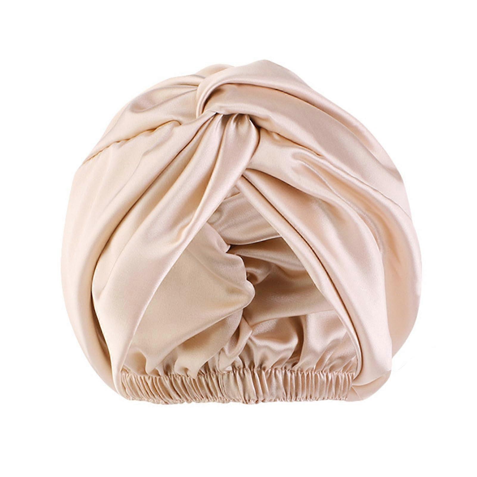 Sleeping Hat Satin Faux Silk Bonnet Front Knot, Back Adjustable Buckle, Large Curly Hair, Elastic Drawstring, Light Khaki