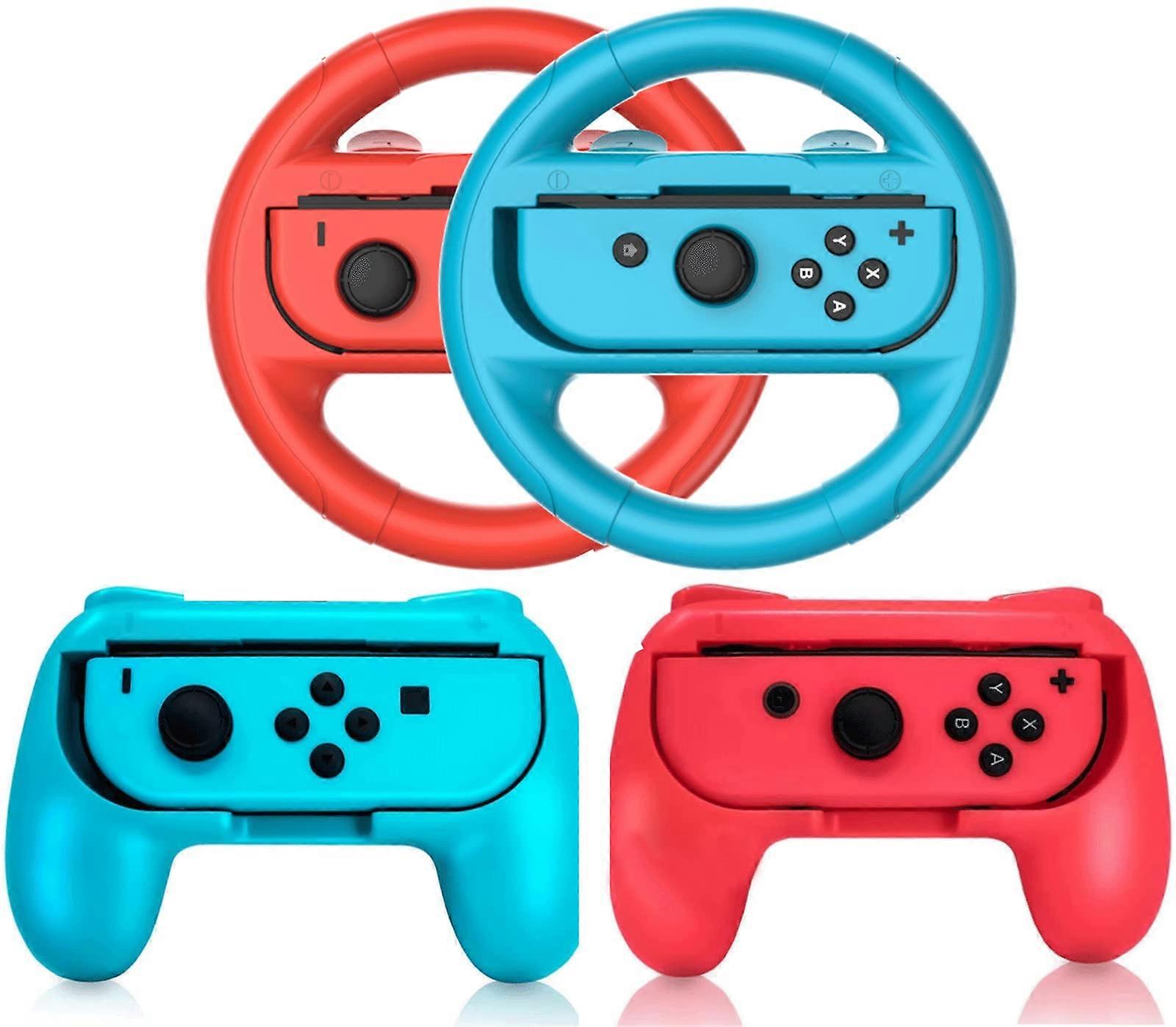 Steering Wheel and JoyCon Grip Set for Nintendo Switch and Mario Kart, Ergonomic SL SR Buttons, Blue Red