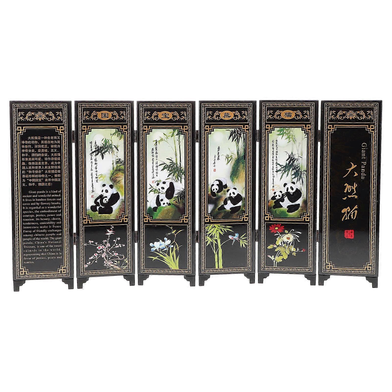 Mini Wooden Folding Screen Featuring Large Panda for Decorative Use 6 Panel