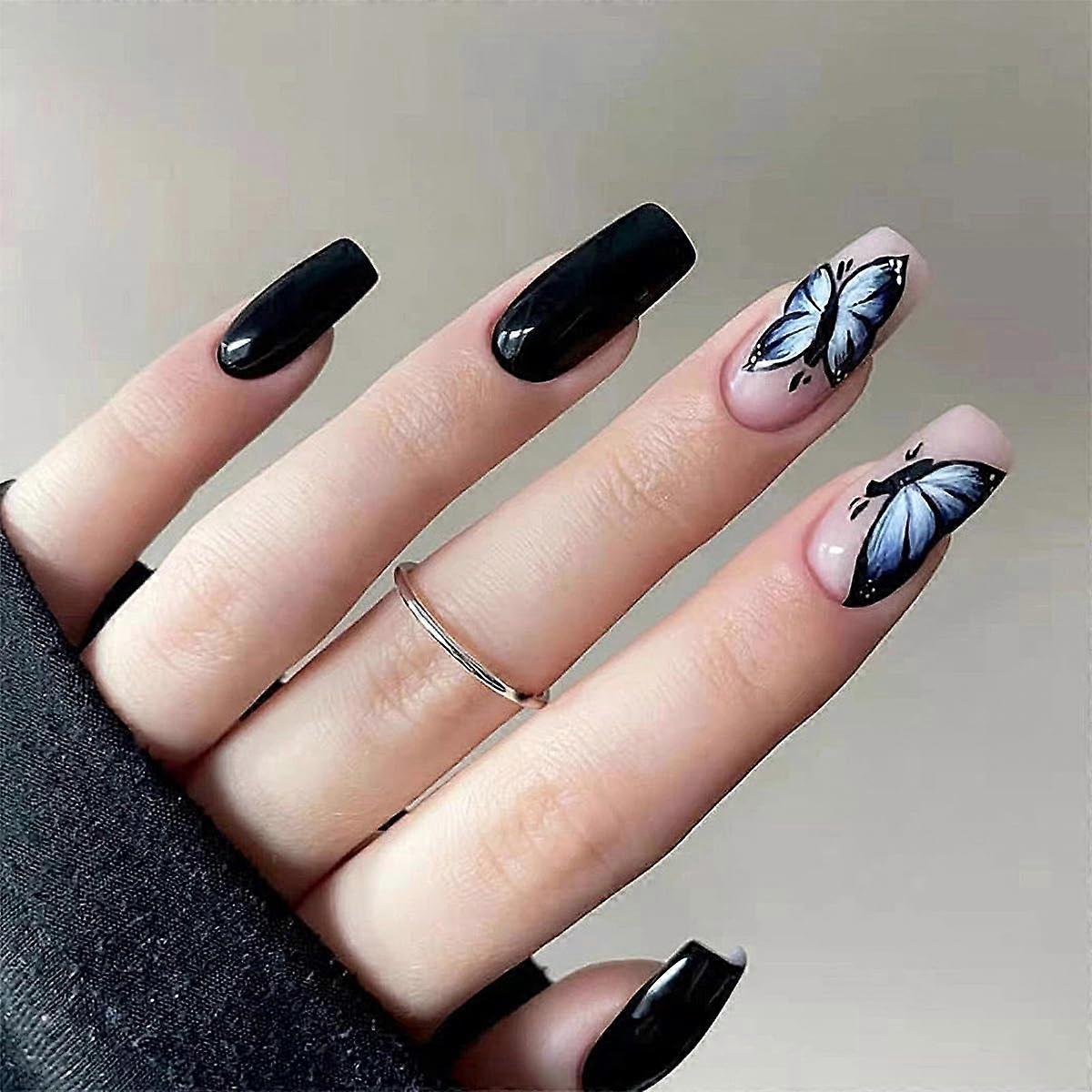 Black Glossy Press On Nails with Butterfly Design, Medium Square Acrylic, 24pcs Reusable Set