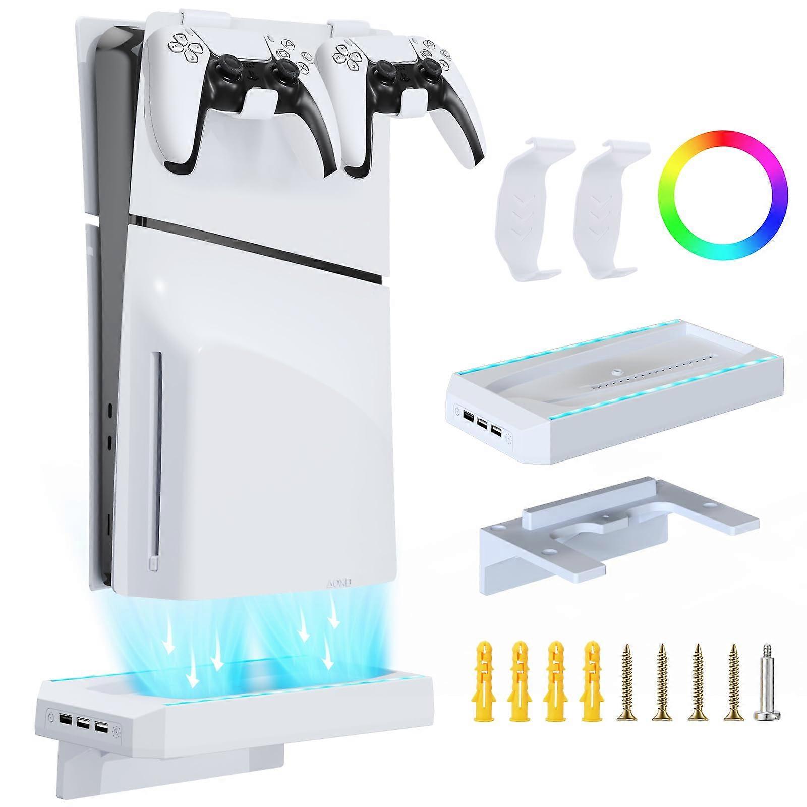Wall Mount with RGB Lighting for PS5 Slim Disc and Digital Edition, SpaceSaving Black Holder