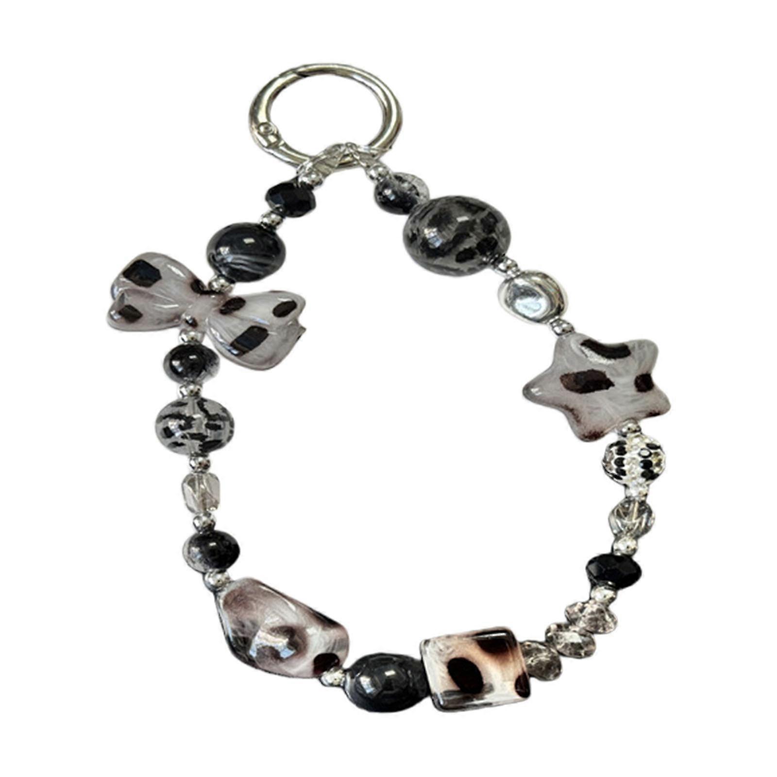 Stylish Leopard Print Short Phone Lanyard Keychain Beaded Cellphone Chain Multi Functional Plastic Accessory  Gray