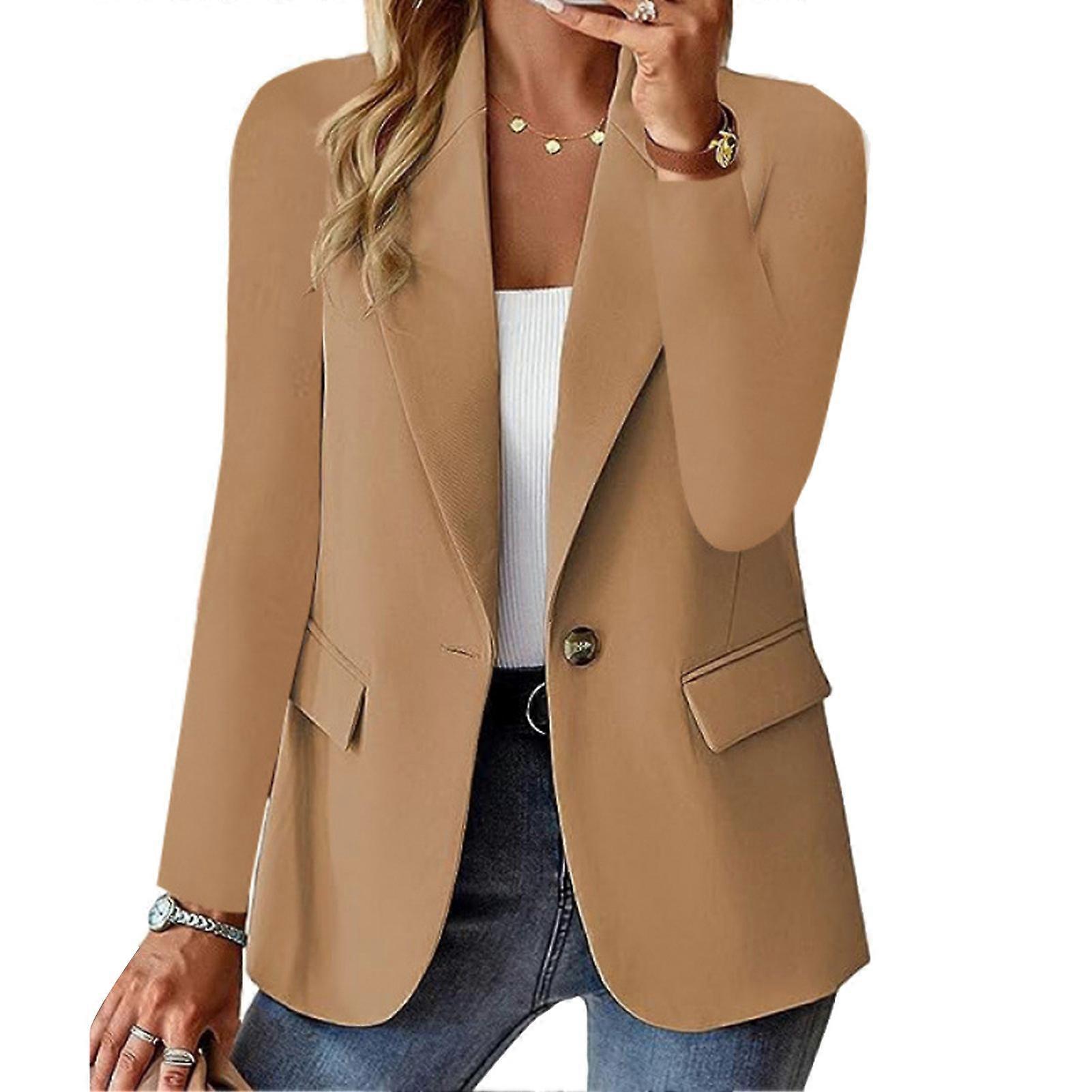 Women Suit Coat Lapel Long Sleeve Single Button Suit Jacket with Flap Pockets Solid Color Work