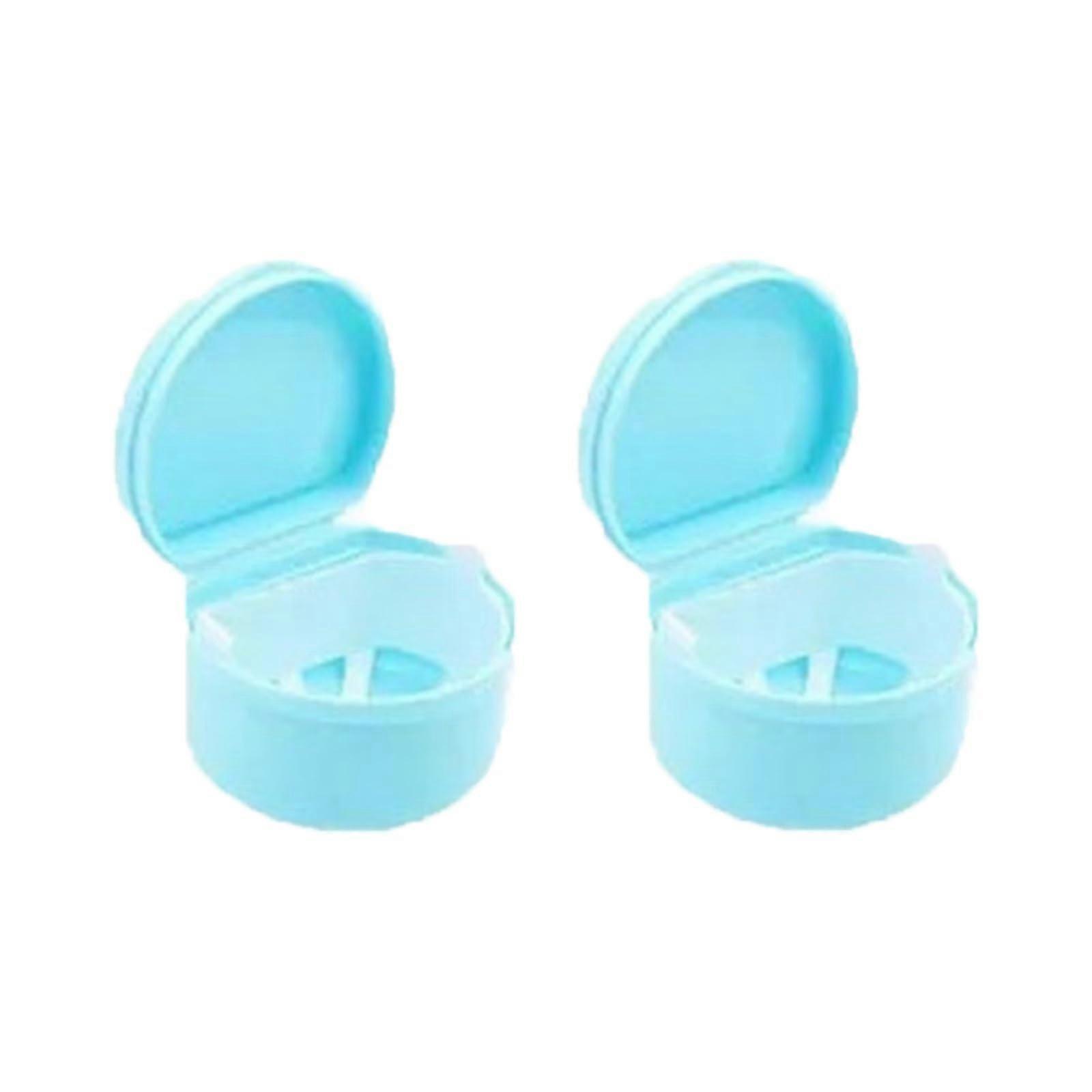 Denture Soaking Cup with Removable Drain Basket, Light Blue Retainer Cleaning Case, 2 Pack