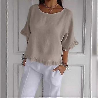 Blusa de linho de algodão de manga curta de manga curta de verão casual de cor sólida para mulheres