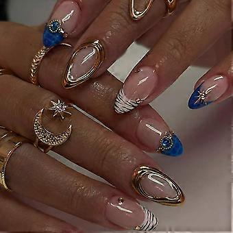 Almond Form False Nail ABS French Tip with Rhinestones Press on Nail Nuded Pattern Easy To Wear Multicolor