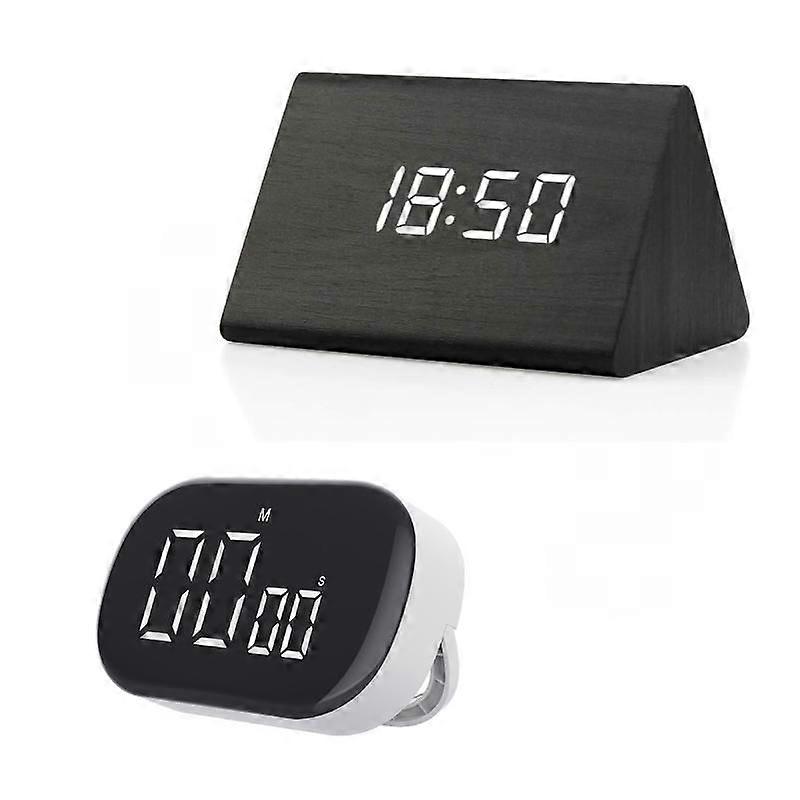 Convenient Elegant Bedside Essentials: Wooden LED Alarm Clock And Versatile Digital Kitchen Timer