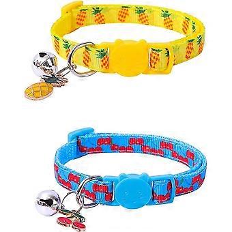 Dww 2-Piece Cat Collar Set with Fruit Accessories (Pineapple and Cherry), Adjustable Small Cat Collar with Bell, Detachable Button, Fruit Style Cat Co