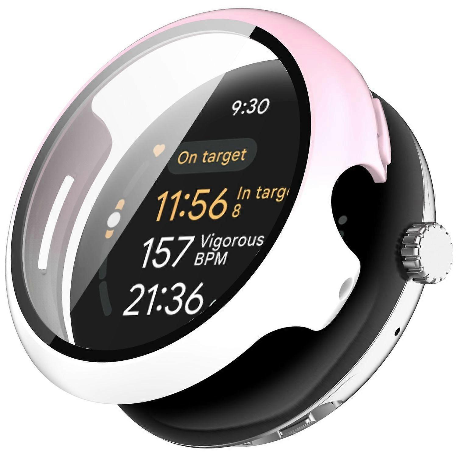 For Google Pixel Watch 3 45mm Plastic PC Smart Watch Case + Tempered Glass Protector Pink / White