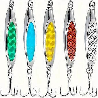 Slant Cut Glitter Metal Spoon Fishing Lure, 5 Pcs Hard Bait with 3 Treble Hooks, Long Cast for Bass Trout Bankside