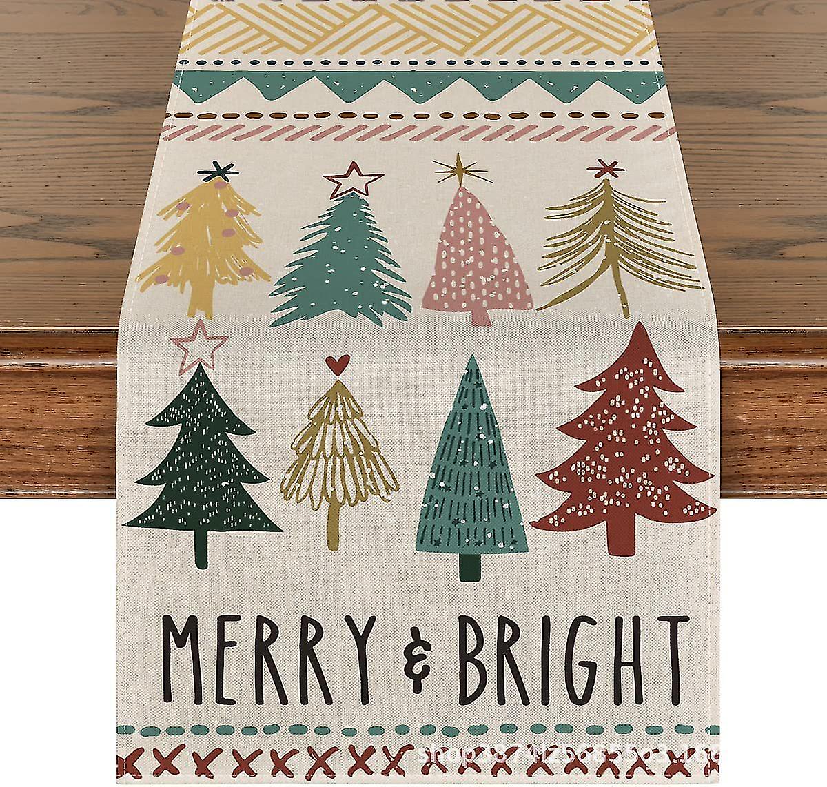 Xmas Trees Merry Bright Boho Christmas Table Runner, Seasonal Kitchen Dining Table Decor