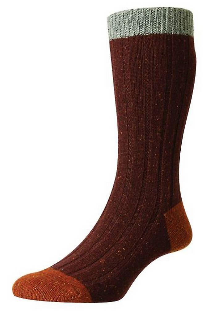 Scott Nichol Thornham Merino and Silk Rib Contrast Heel and Toe Socks - Maroon Fleck