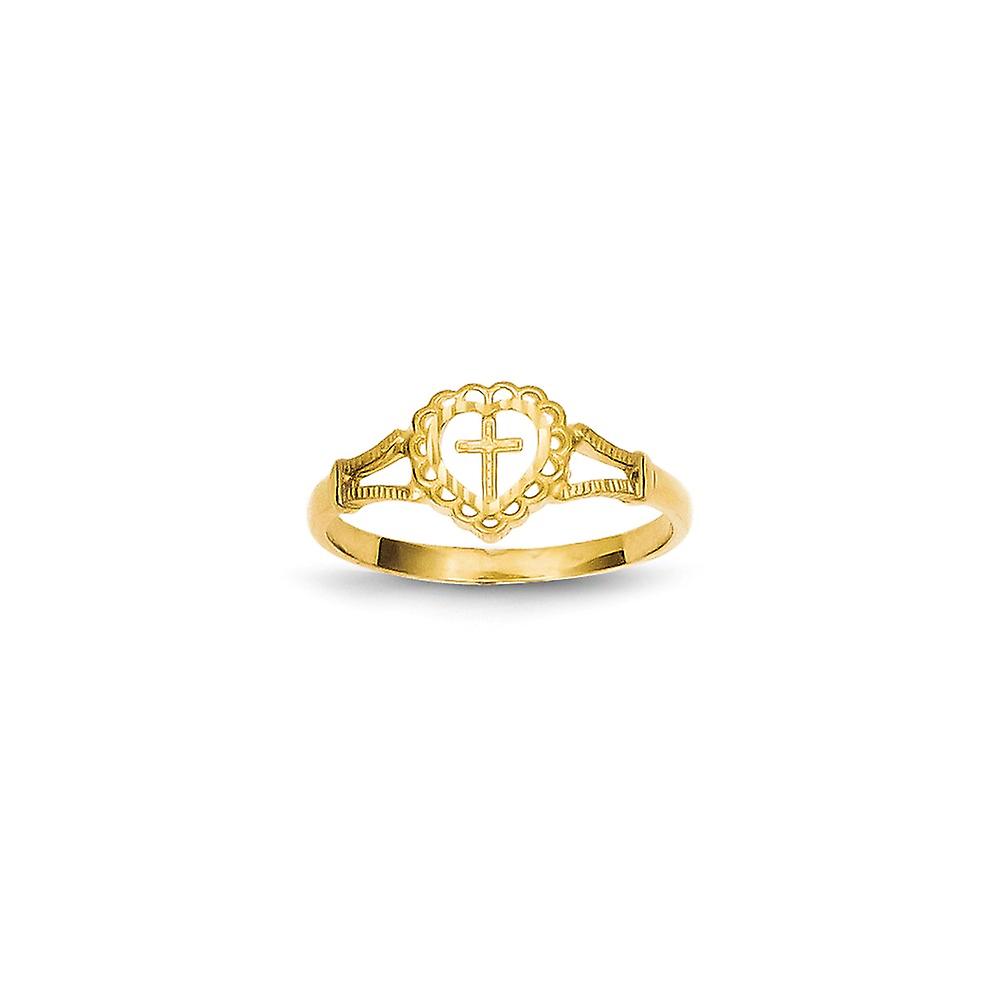 14k Yellow Gold Solid Polished Open face Sparkle Cut Love Heart and Religious Faith Cross Ring Size 4 Statement-Ring