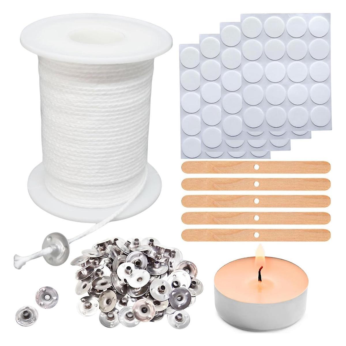 Candle Wick Roll with 100 Pcs Candle Wick Sustainer Tabs, 80Pcs Candle Wick Stickers and 5Pcs Woode