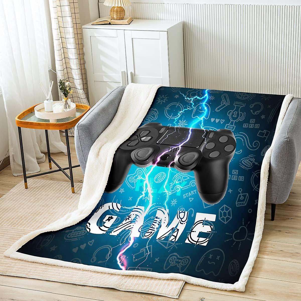 Gamer Fleece Throw Blanket Gaming Blue Lightning Sherpa Blanket for Bed Sofa Kids Video Game Plush Blanket Gamepad Game Controller Warm Fuzzy Blanket 