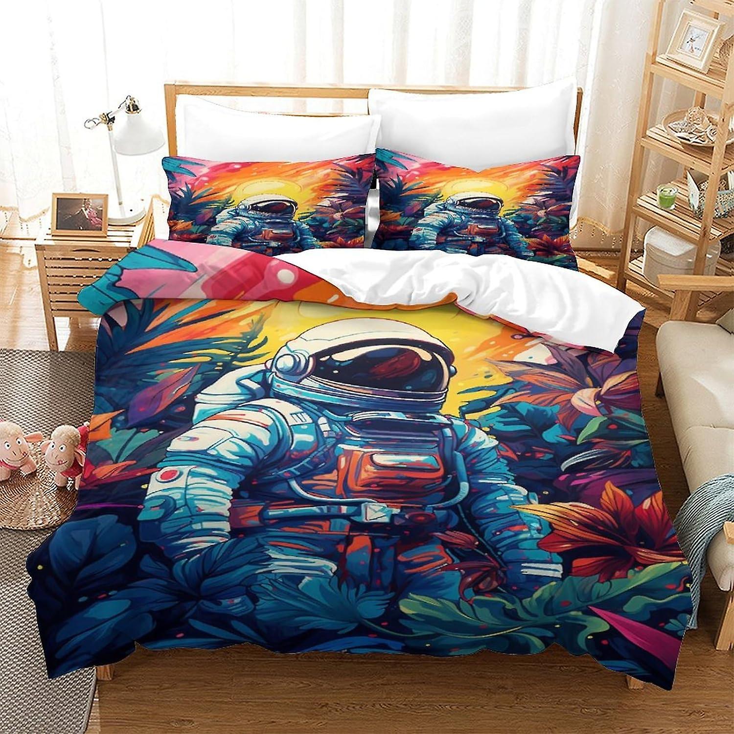 3D Printed Astronaut Bed Kit with Retro Style Design, Soft Microfibre, 3 Piece Duvet Cover Set, 2 Pillowcase, Hidden Zip, .
