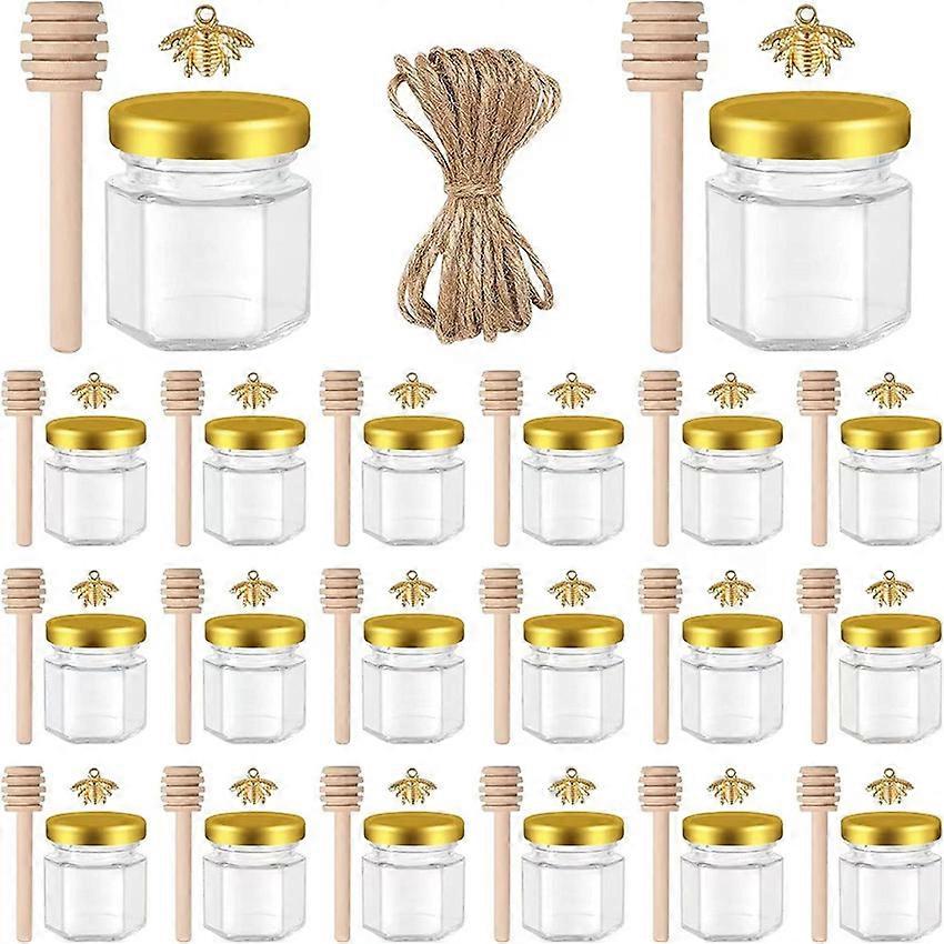 Multi-pack Hexagon Glass Honey Jars with Golden Lids, Wood Dippers & Bee Pendants - Perfect for Shower Gifts, Party Favors, 20-60 Sets