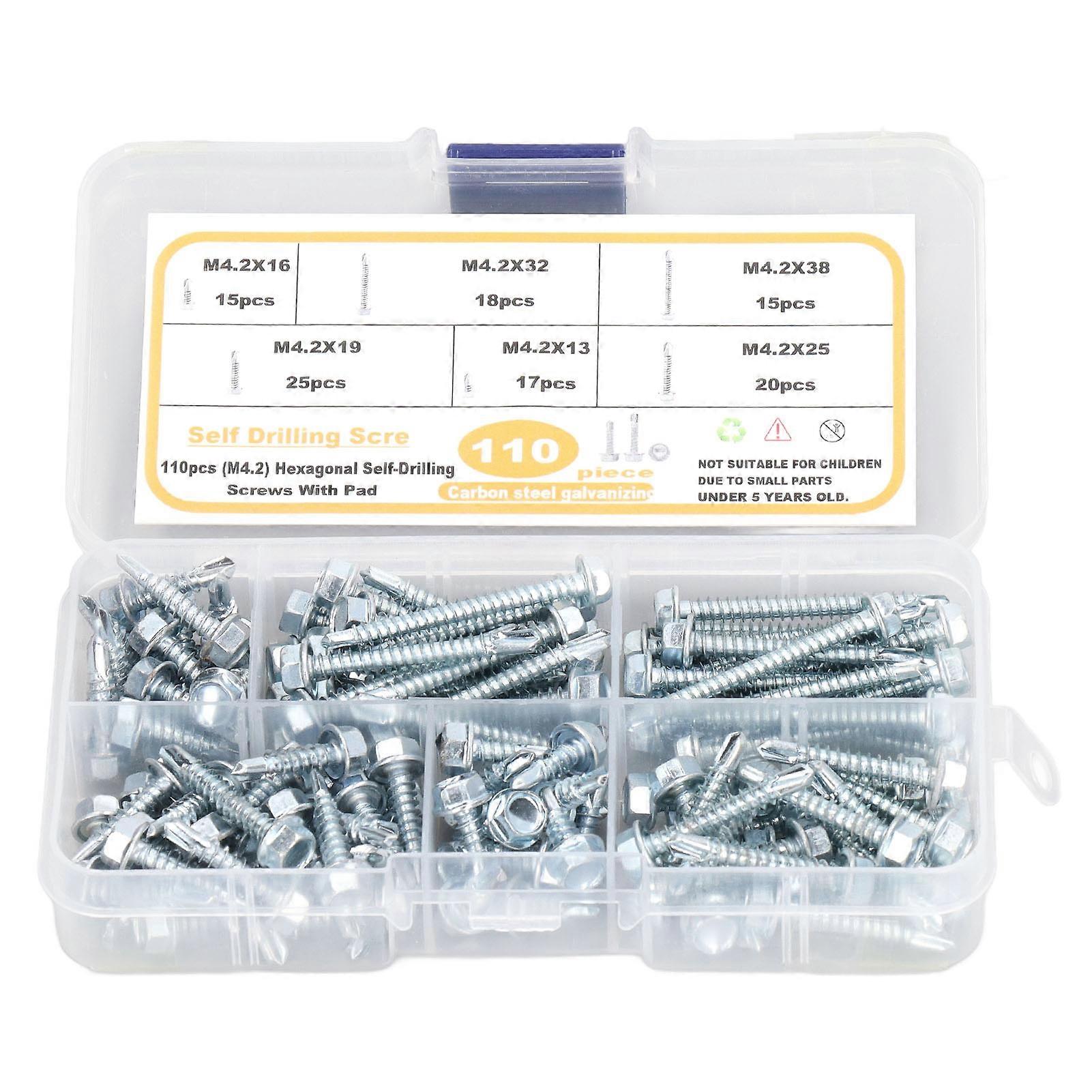 110pcs Self Drilling Screw Hex Washer Head M4.2 6 Sizes Fastener Assortment Set Kit