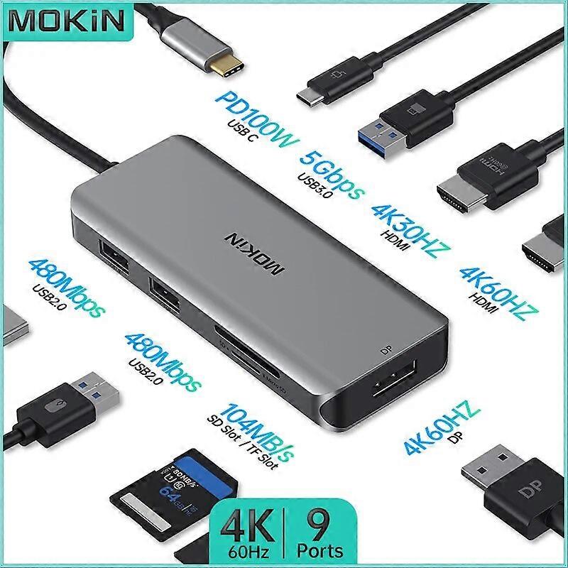 MOKiN 9 in 1 Docking Station for MacBook Air Pro iPad Thunderbolt Laptop USB2.0 HDMI 4K30Hz DP 4K60Hz PD 100W TF