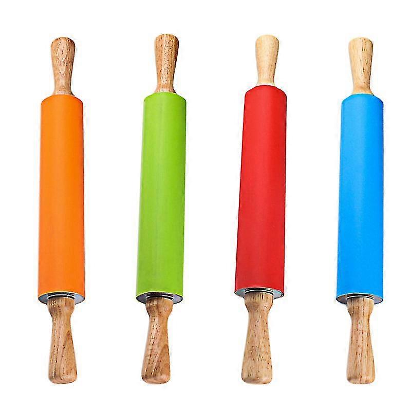 38cm mini silicone non-stick rolling pin wooden handle roller rolling stick kitchen tool for fondant cookie pastry dough (random color)