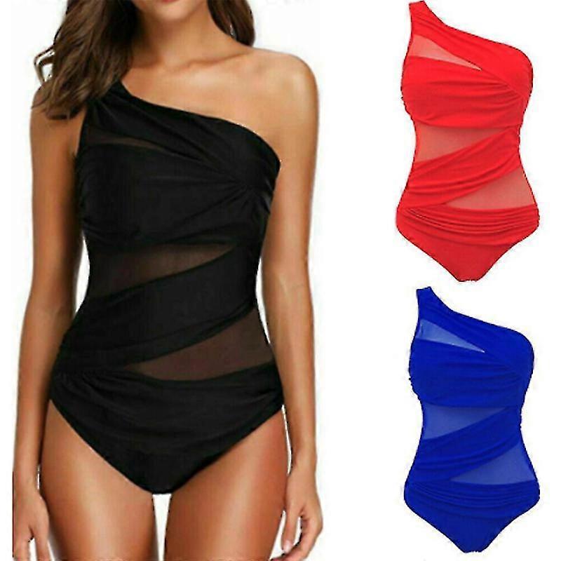 Plus Size Bademode Damen One Shoulder Slim Bademode Mesh Solid Color Push Up Gepolsterte Bademode