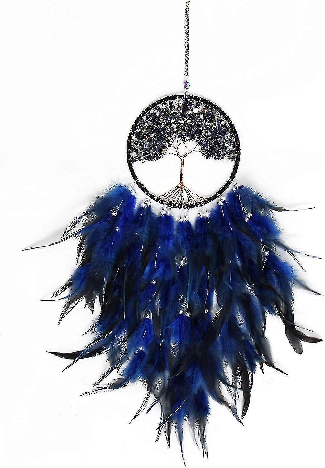 Fairy Blue Tree Of Life Dream Catcher Wall Decor With Healing Crystal Stone Handmade Feather Dream Catchers Decoration Wall Hanging Bedroom Living Roo