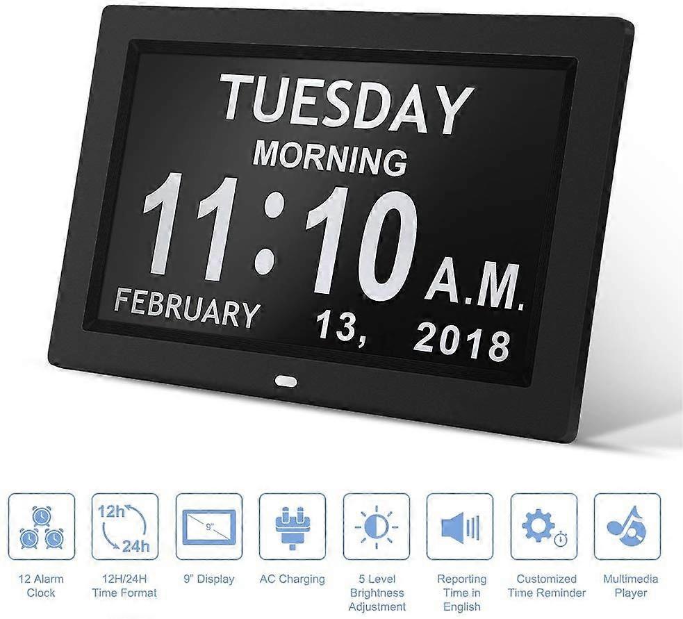 Digital calendar day clock frame (9 inch white) - automatic dimming display, large visually impaired digital clock, with non abbreviated day and month