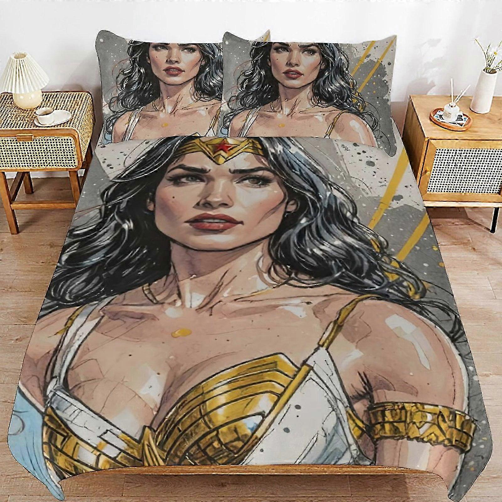 o2033 Lençóis de Cama Mulher Maravilha Roupa de Cama Se Capa de Edredom Ultra Macia e Amiga da Pele3 Peças, Conjunto de Cama com Capa de Edredom Fofa (1 Capa de Edredom e 2 Fronhas) 