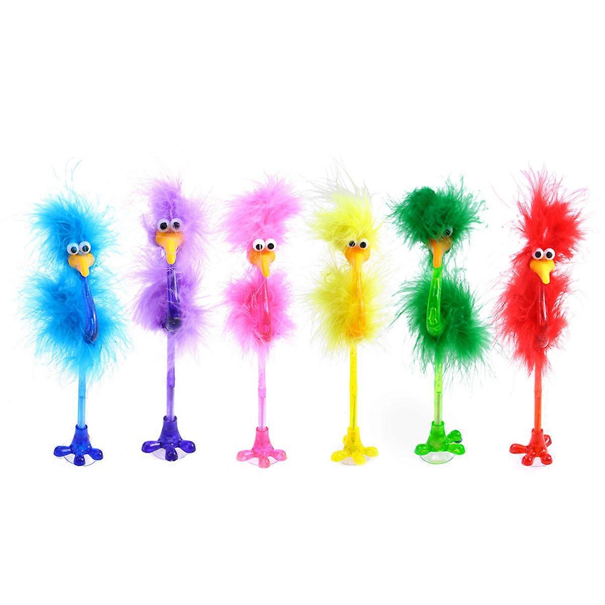 6pcs Ostrich Shape Ball-point Pen Cartoon Feather Ballpoint Pens Stationery for Home School Office Random Color