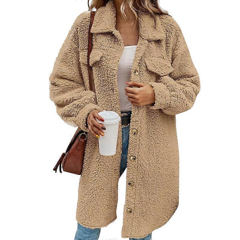 Women's Button Front Solid Teddy Coat, Casual Long Sleeve Winter Outerwear