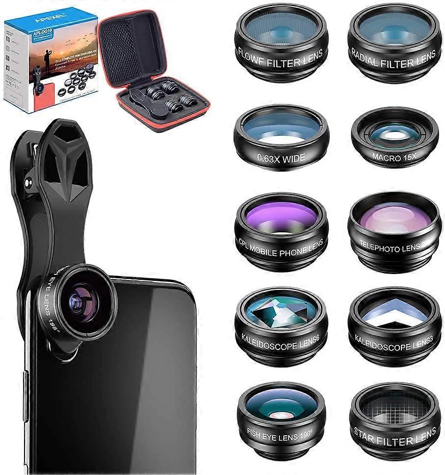 BlackApexel 10 in 1 Phone Camera Lens Kit Wide Angle/Macro/Fisheye/Telephoto/CPL/Flow/Radial/Star Filter/Kaleidoscope Lens for iPhone and Most Phone