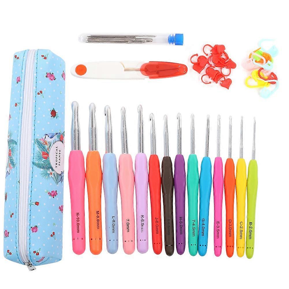 14Pcs Crochet Hooks Extra Long Needles TPR DIY Soft Handle Knitting AccessoriesBlue Scissors Set