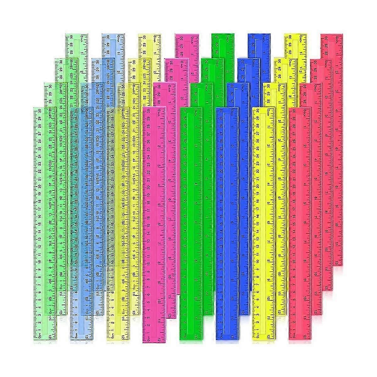 12 Inch Plastic Rulers, 32 PCS Transparent Assorted Color Metric Bulk Rulers with Inches Centimeter