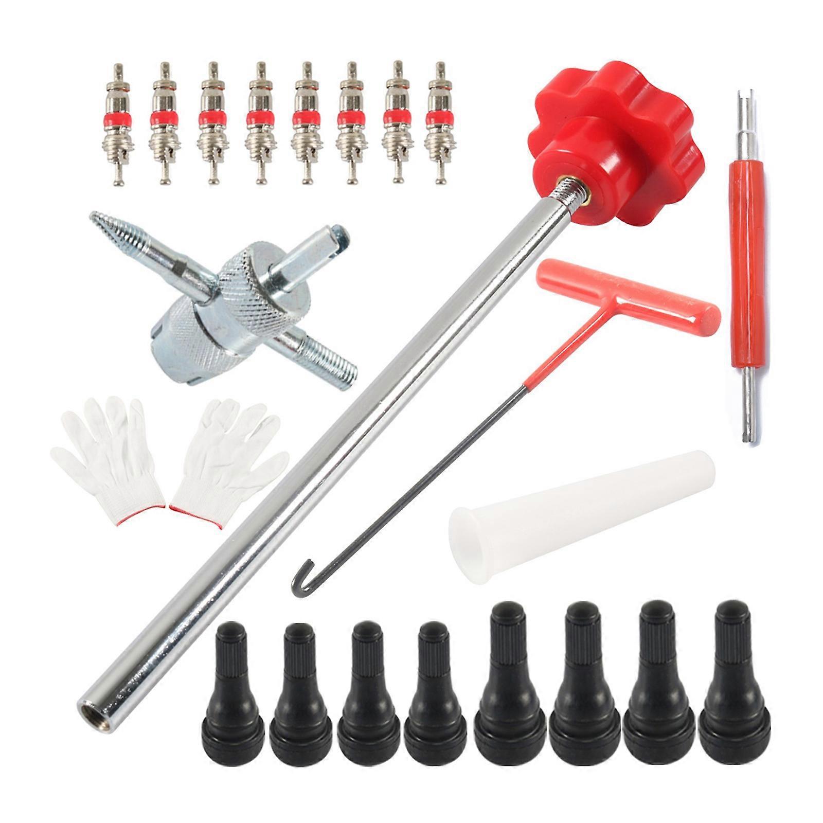 Comprehensive 22pcs Tire Repair Set with Ergonomic Handle Valves Cores Remover Tool set for Comfortable Use & Easy Storage Red