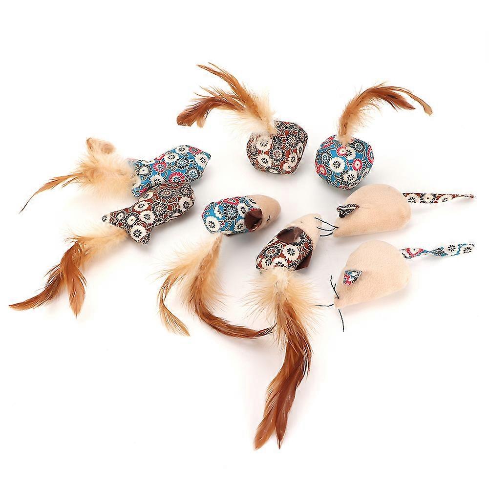 8PCS Interactive Cat Toy Set with Floral Ball, Feather Mouse, Fish, and Mint for Engaging Playtime Activities