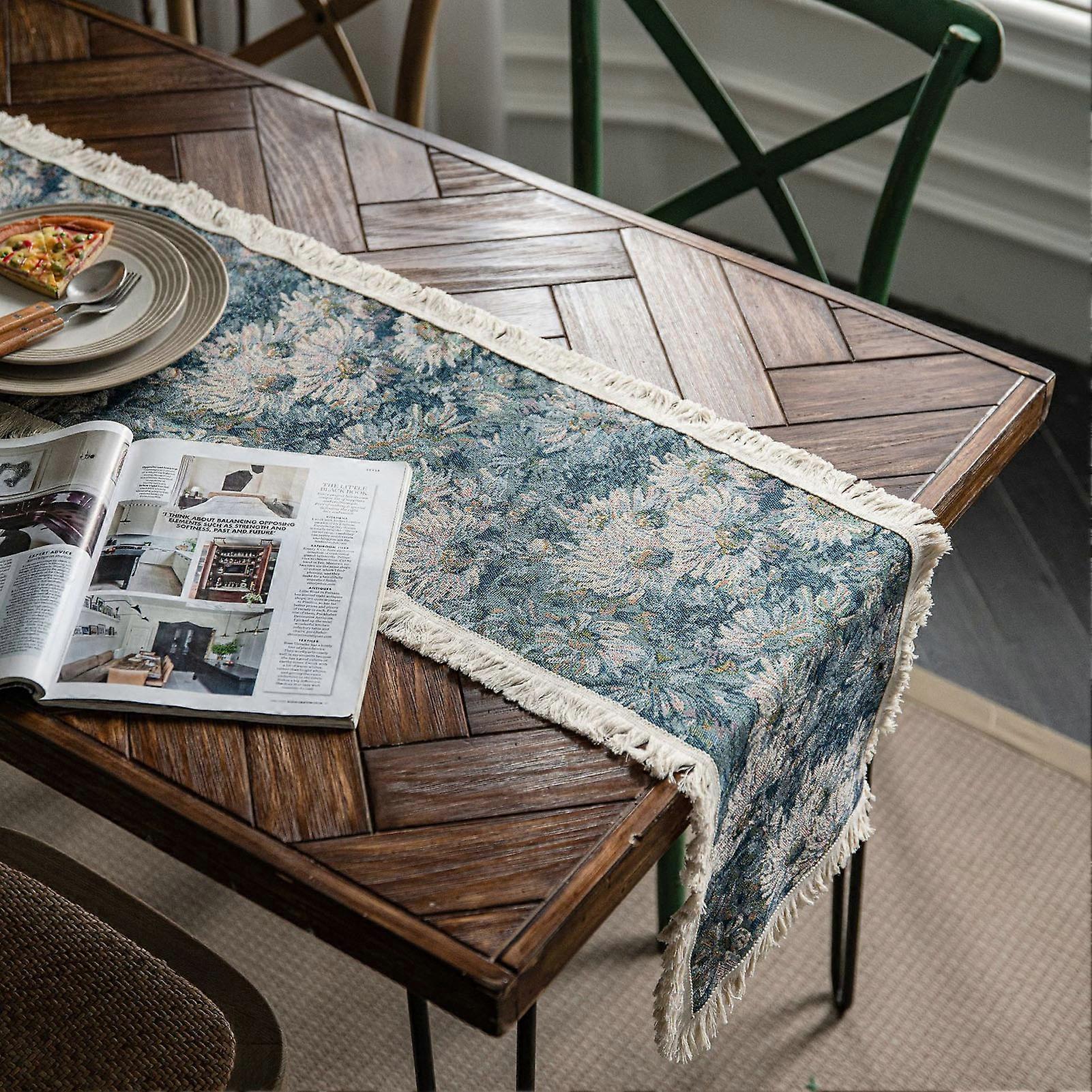 Jute Table Jacquard Sunflower Pattern American Style with Tassels Table Runner Decoration for Party