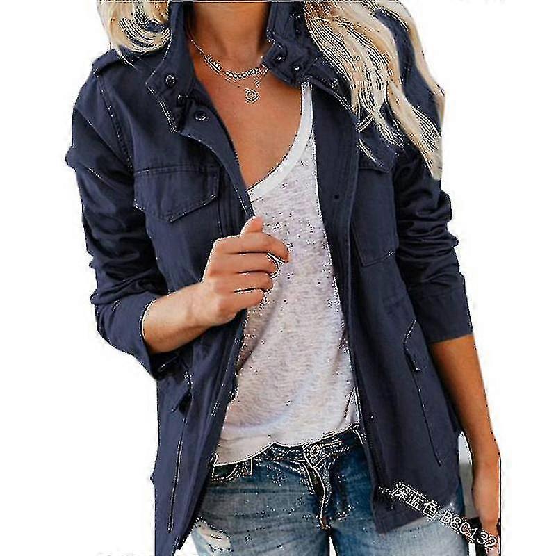 Damen Solid Loose Zipper Multi-Pocket Jacke
