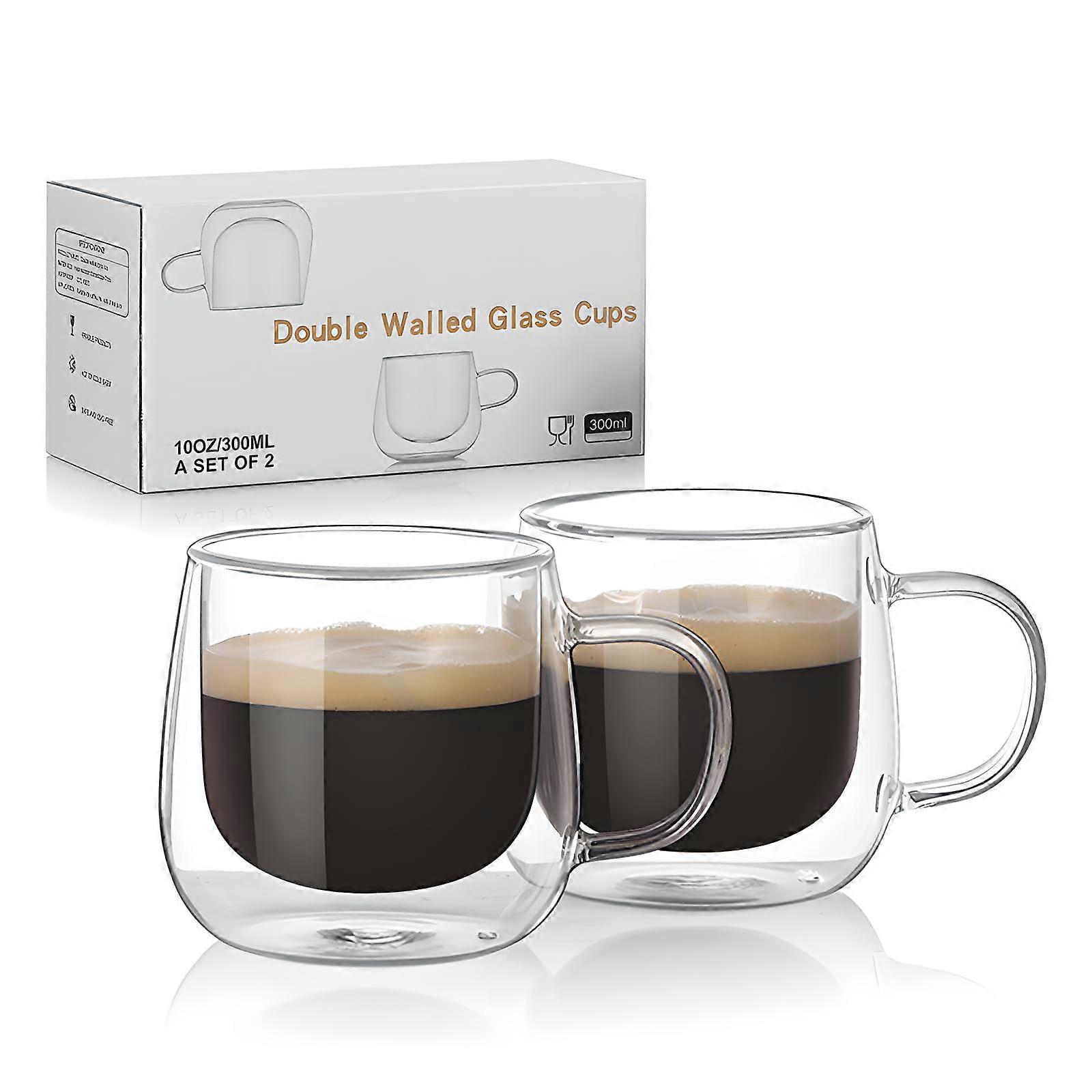2 Set Double Walled Clear Coffee Mugs for Latte 10oz