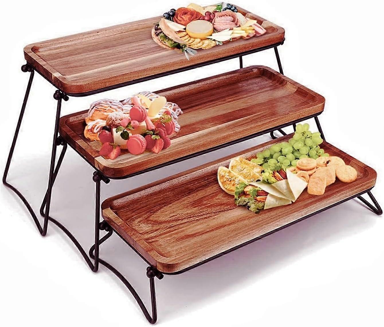 3 Tier Cupcake Stand and Serving Tray Set, Acacia Wood Dessert Display for Parties, Rustic Brown Charcuterie Board