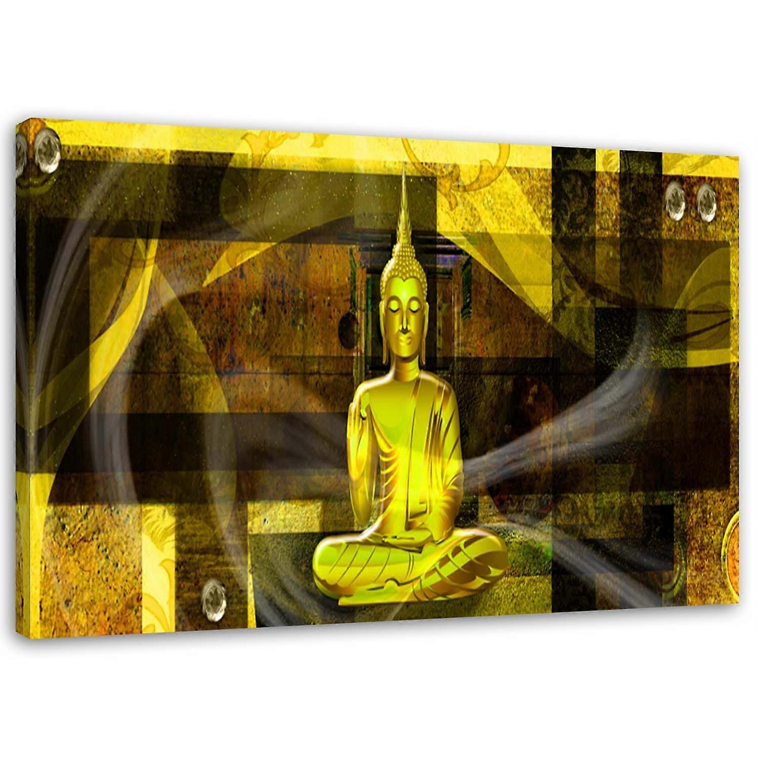 Impression sur toile, figure de Bouddha sur fond jaune - 120x80