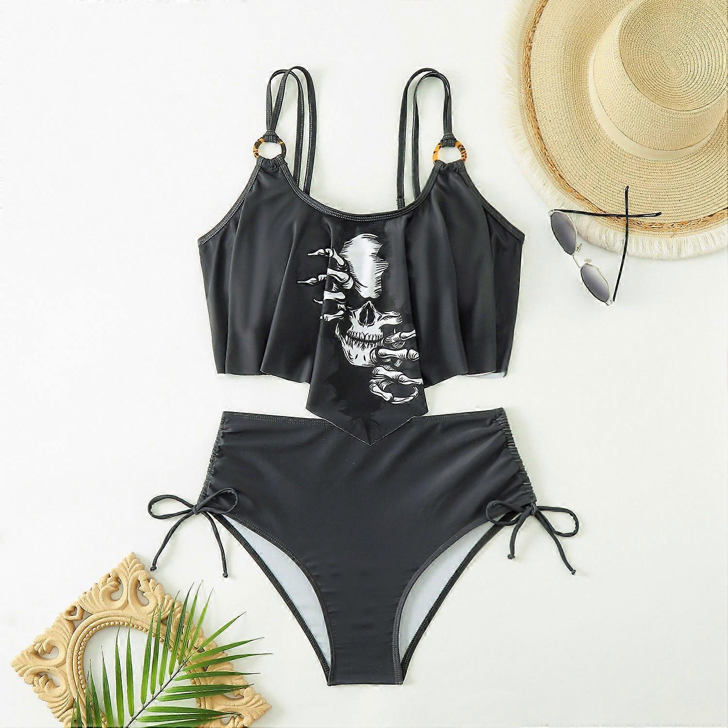 Black two-piece swimsuit with split tank top Gothic Skeleton Print High-Waist Bikini Set | Men's Summer Shorts