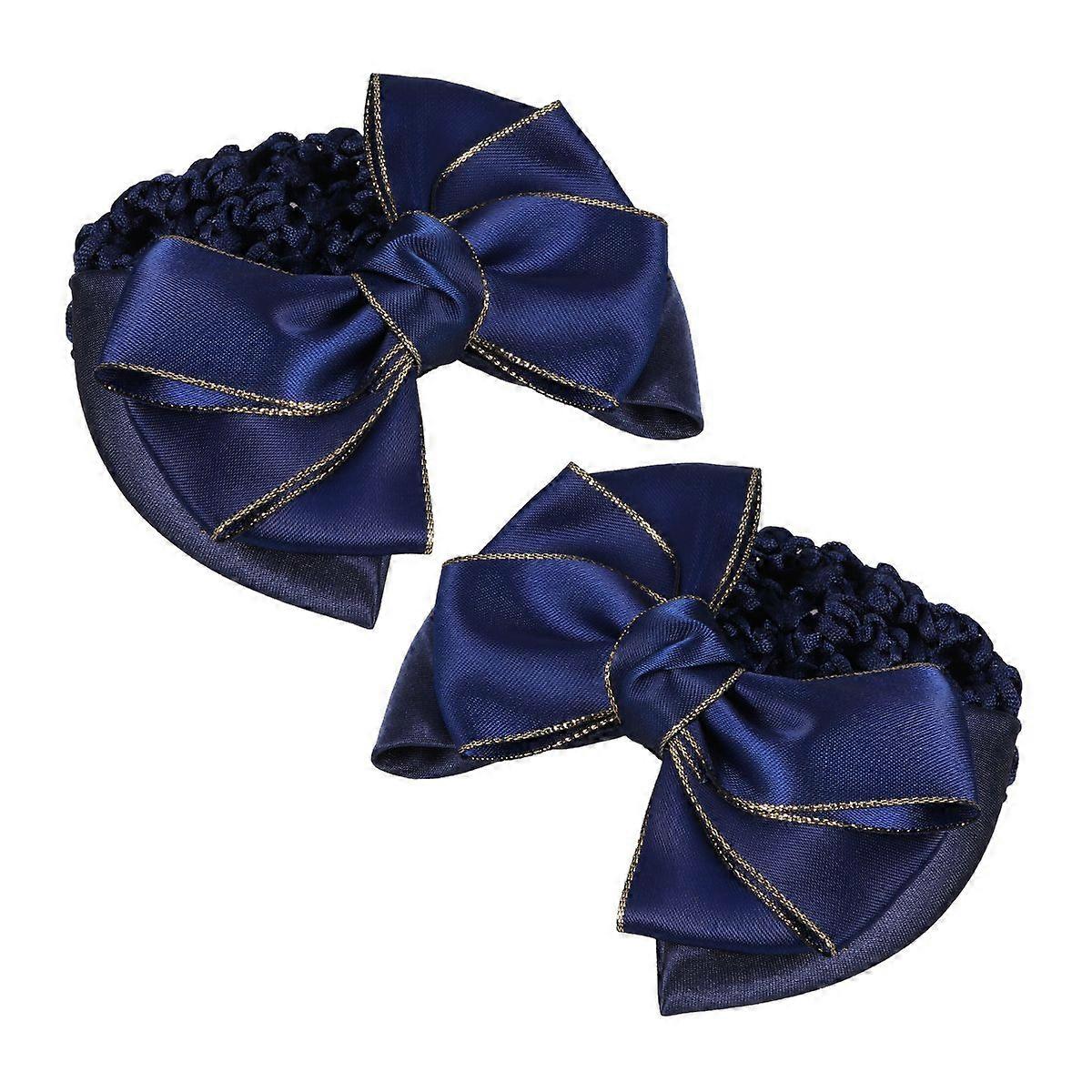 2Pcs Bowknot Hair Snoods Golden Tuck Net Headdress Occupational Hair Bun Net for Class Work Daily (Blue)