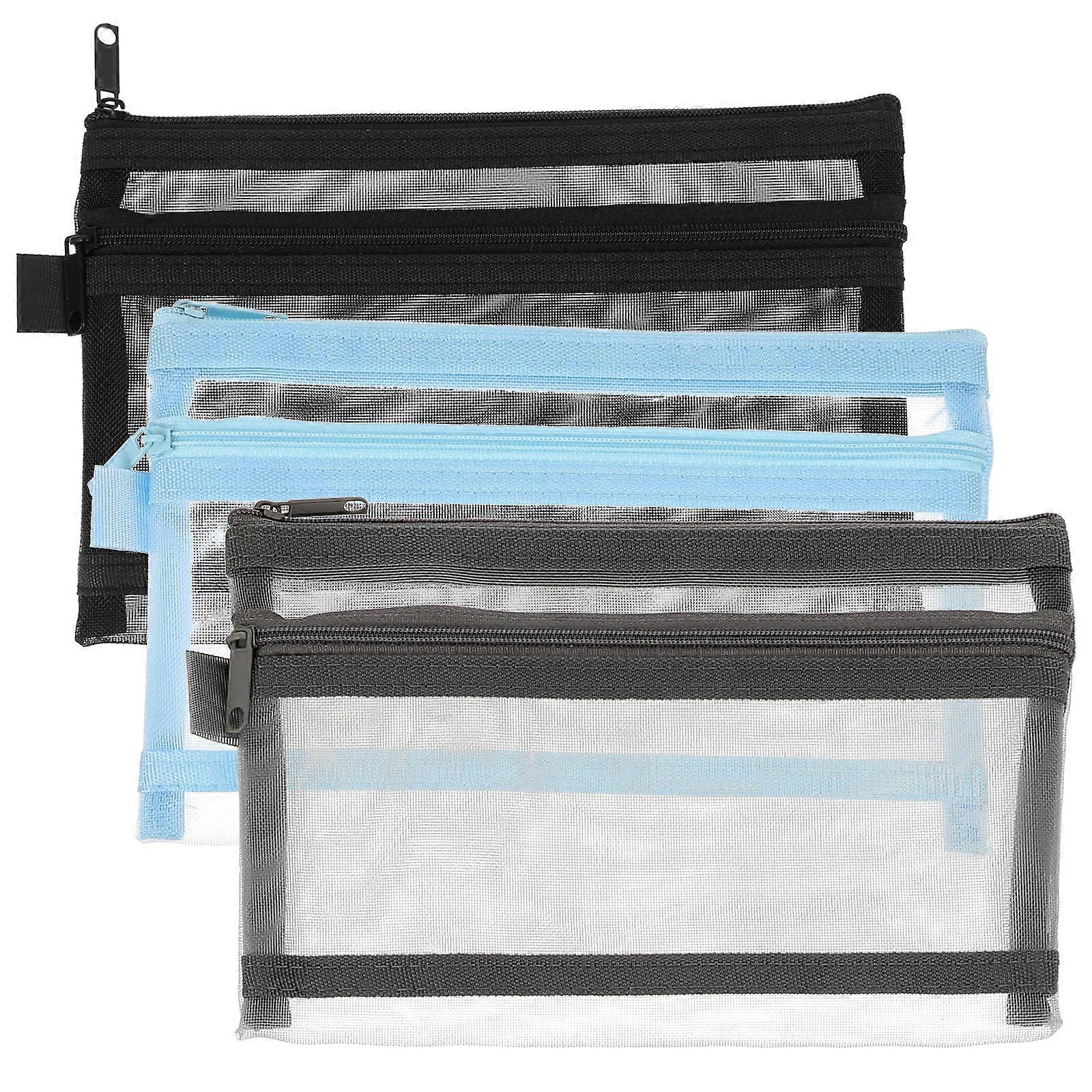 3pcs Capacity Pen Bag with Double Transparent Mesh & Adorable Zipper Design for Organizing Stationery – Convenient Storage for Students and Office