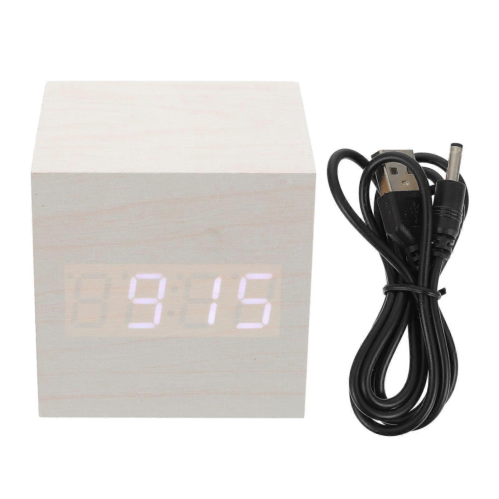 Wooden Alarm Clock with LED Display for Home Use Khaki Color Brightness Adjustable 7.8x7.8 Inches