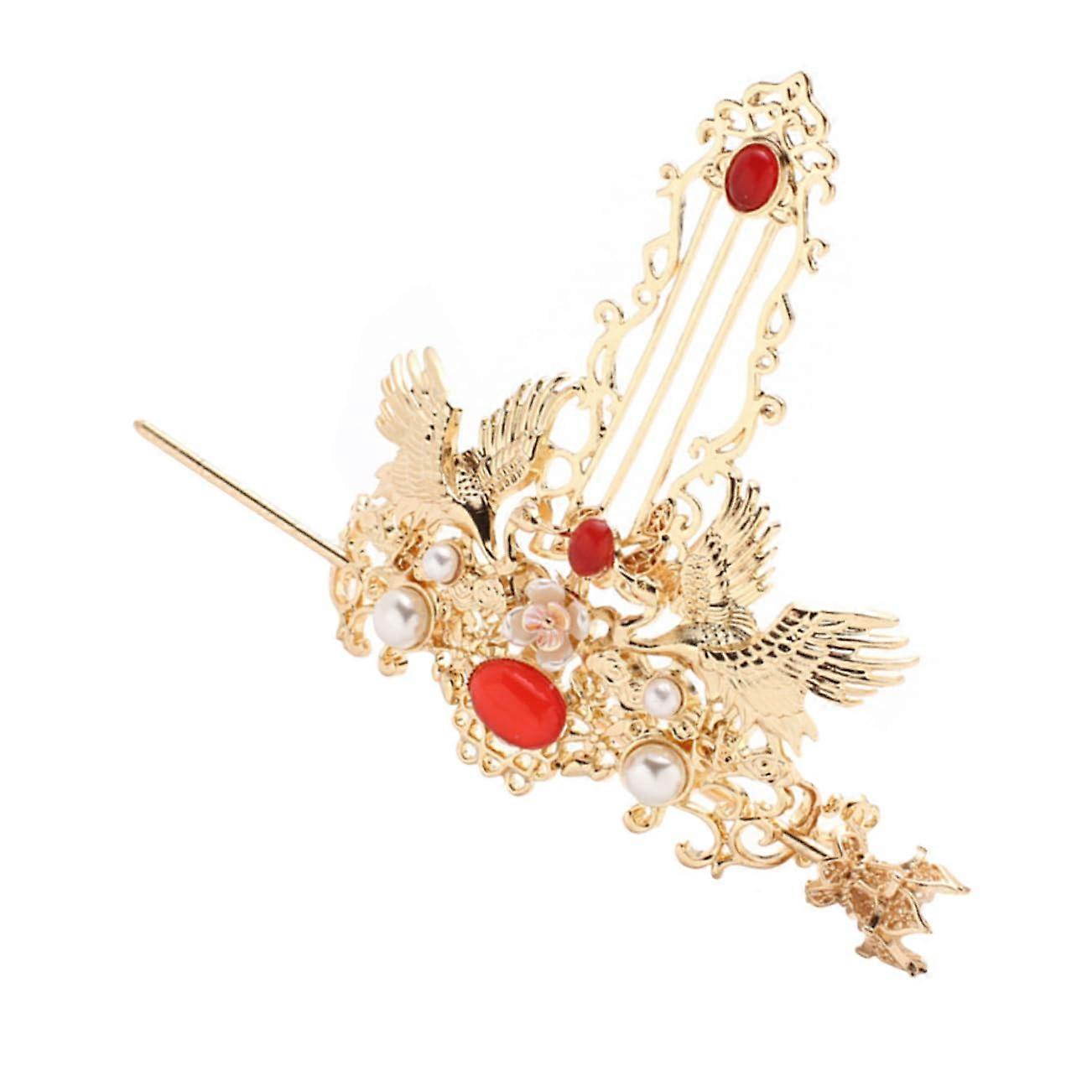 Vintage Hairpin Crown For Women, Retro Chinese Headpiece Set, Gold Tone Hair Stick