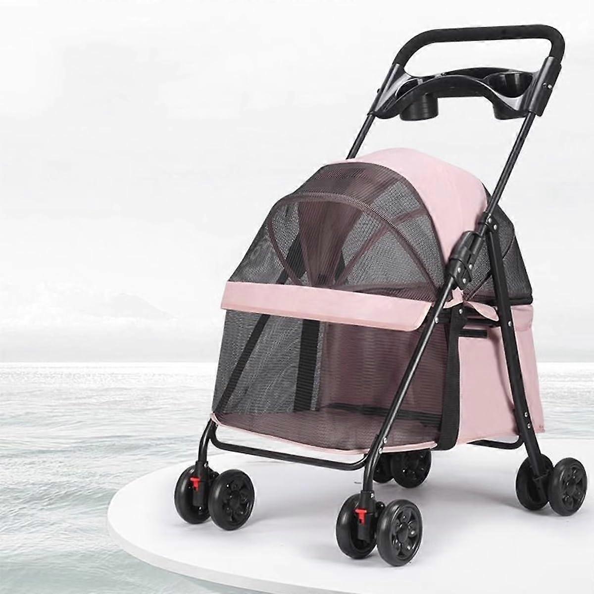 Pet Pram, 4 Wheels, Dog and Cat Pushchair, Foldable Pet Pram, Breathable and Visible Mesh (Pink)