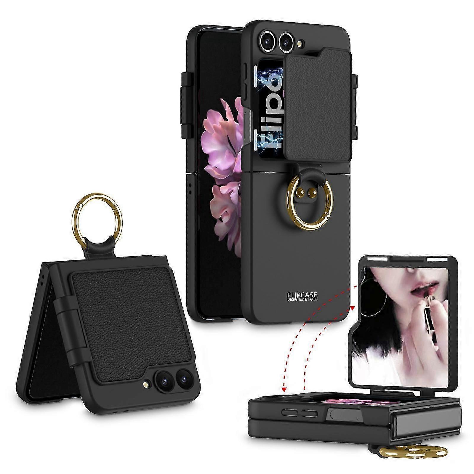 for Samsung Galaxy Z Flip 6 Case with Ring Holder,Magnetic Flip Screen Protector &Built in mirror, Shockproof All-Inclusive Case