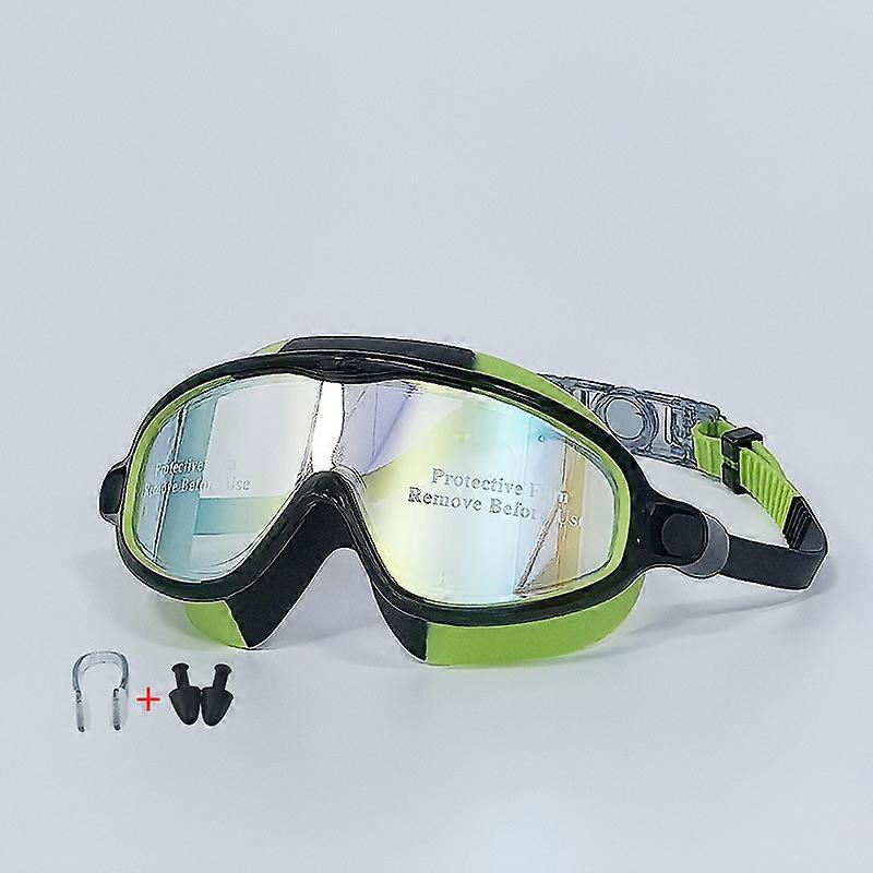Large-frame swimming goggles, high-definition waterproof and anti-fog swimming goggles, for both boys and girls (black, green and gold plated)