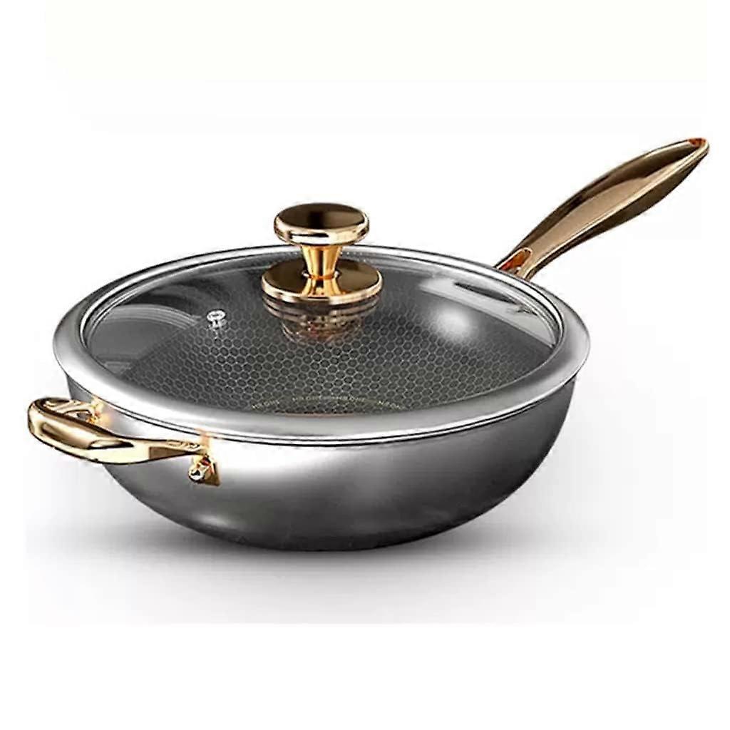 Antibacterial Stainless Steel Wok Pan with Lid, NonStick, ScratchResistant, Double Gold Handle, 34cm
