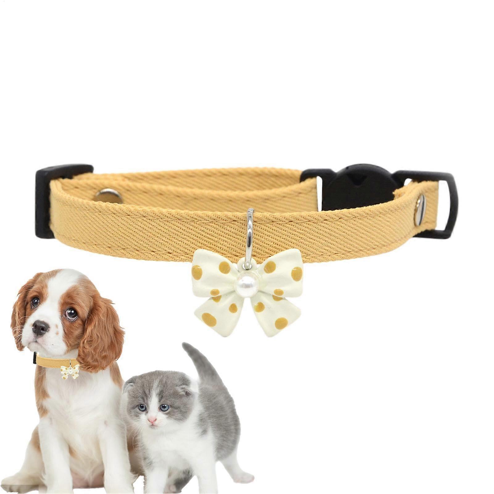 Dog Collar With Bow Adjustable Cotton Bow Yellow Size M For Small Pets